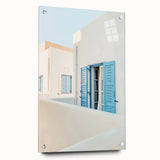 Large abstract wall art on acrylic glass depicting swirling blue and green tones, ideal for modern dining room decor.