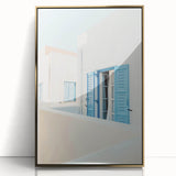 Large art print of a mid-century modernist summer scene on acrylic, framed in gold, ideal for nursery wall decor.