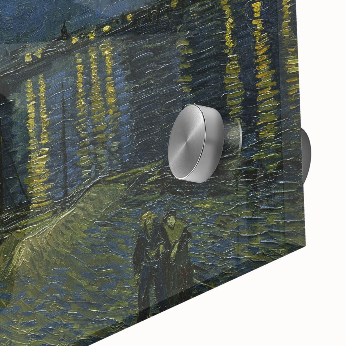 Large abstract wall art in mid-century modernist style on acrylic glass, featuring swirling blues and yellows.