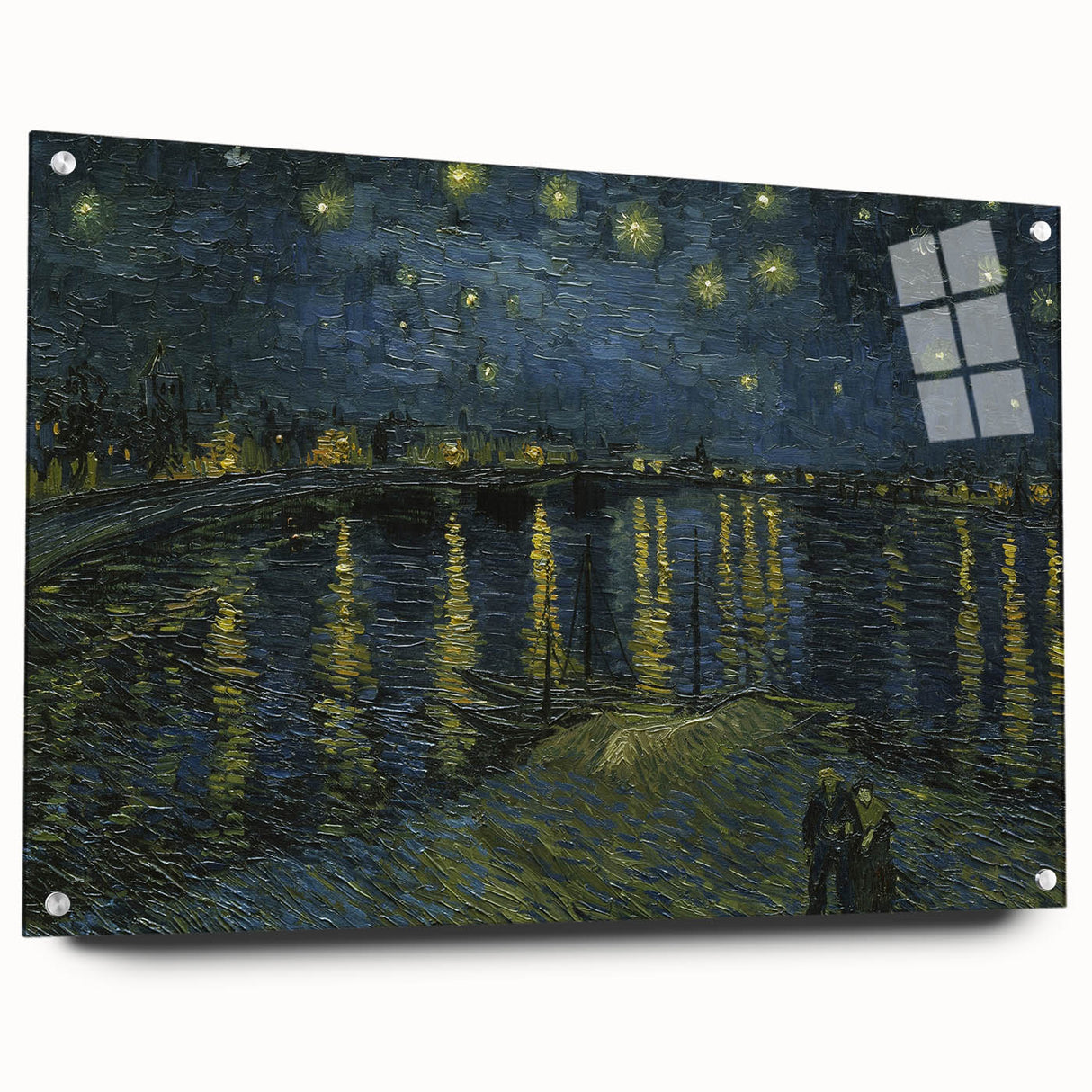 Acrylic print of a Van Gogh-inspired abstract painting with swirling blue and yellow tones, ideal for dining room art.