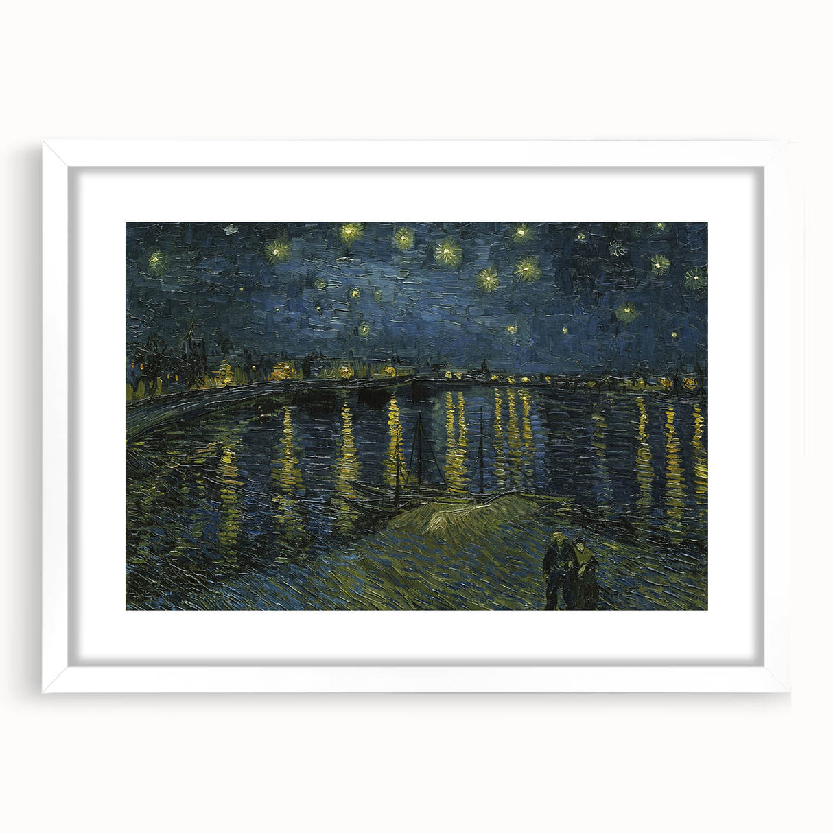 Textured abstract art print in vibrant blues and yellows on a white framed canvas, ideal for bedroom art.