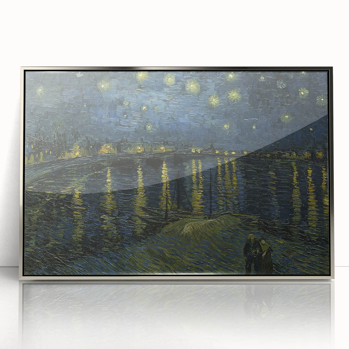 Large art print of Van Gogh-style painting with swirling blue and yellow hues, framed in silver acrylic.