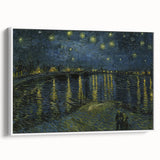 Vintage poster art of Van Gogh's painting on a large framed canvas, featuring vibrant colors against a black background.