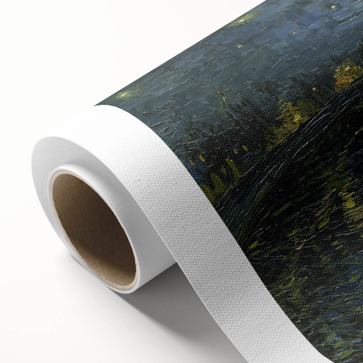 Art deco style poster of Van Gogh's Starry Night on rolled canvas, featuring swirling blue and yellow tones.