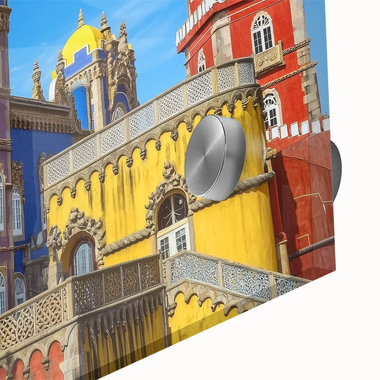 Close-up of a vibrant acrylic glass artwork showcasing a majestic castle landscape, highlighting intricate details and vivid colors, perfect for home decor enthusiasts.