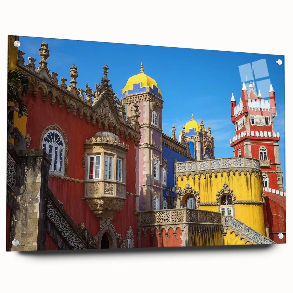 Acrylic glass artwork showcasing a vibrant landscape with a majestic castle, displayed in a side view with decorative pins, perfect for enhancing home decor.