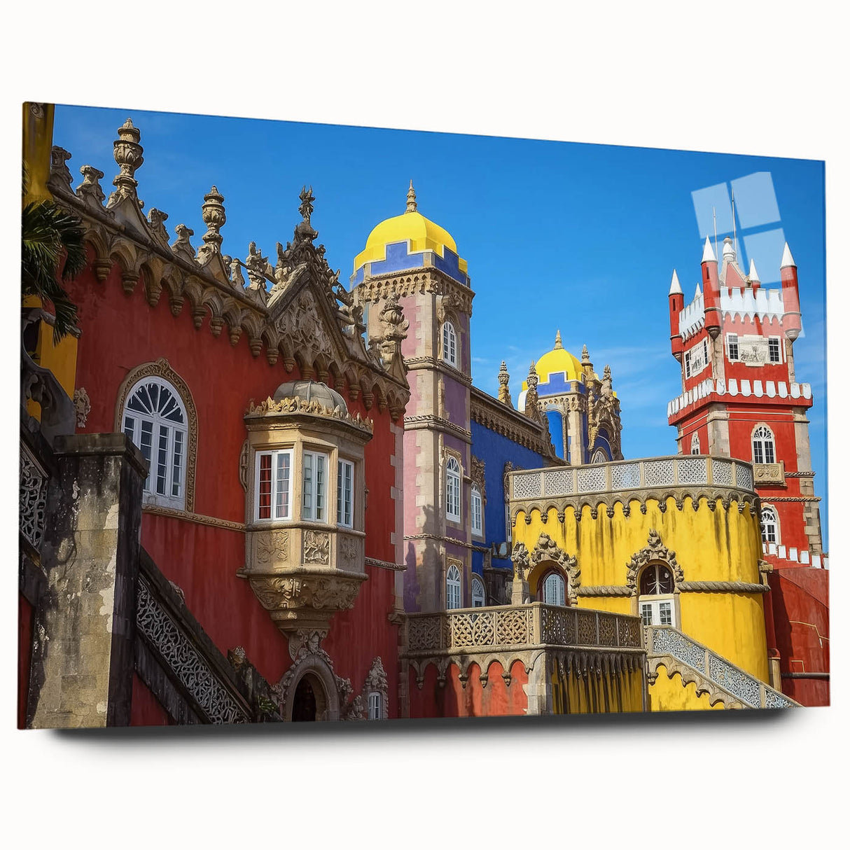 Acrylic glass artwork showcasing a stunning side view of a castle landscape, featuring vibrant colors and intricate details, perfect for home decor and art enthusiasts.