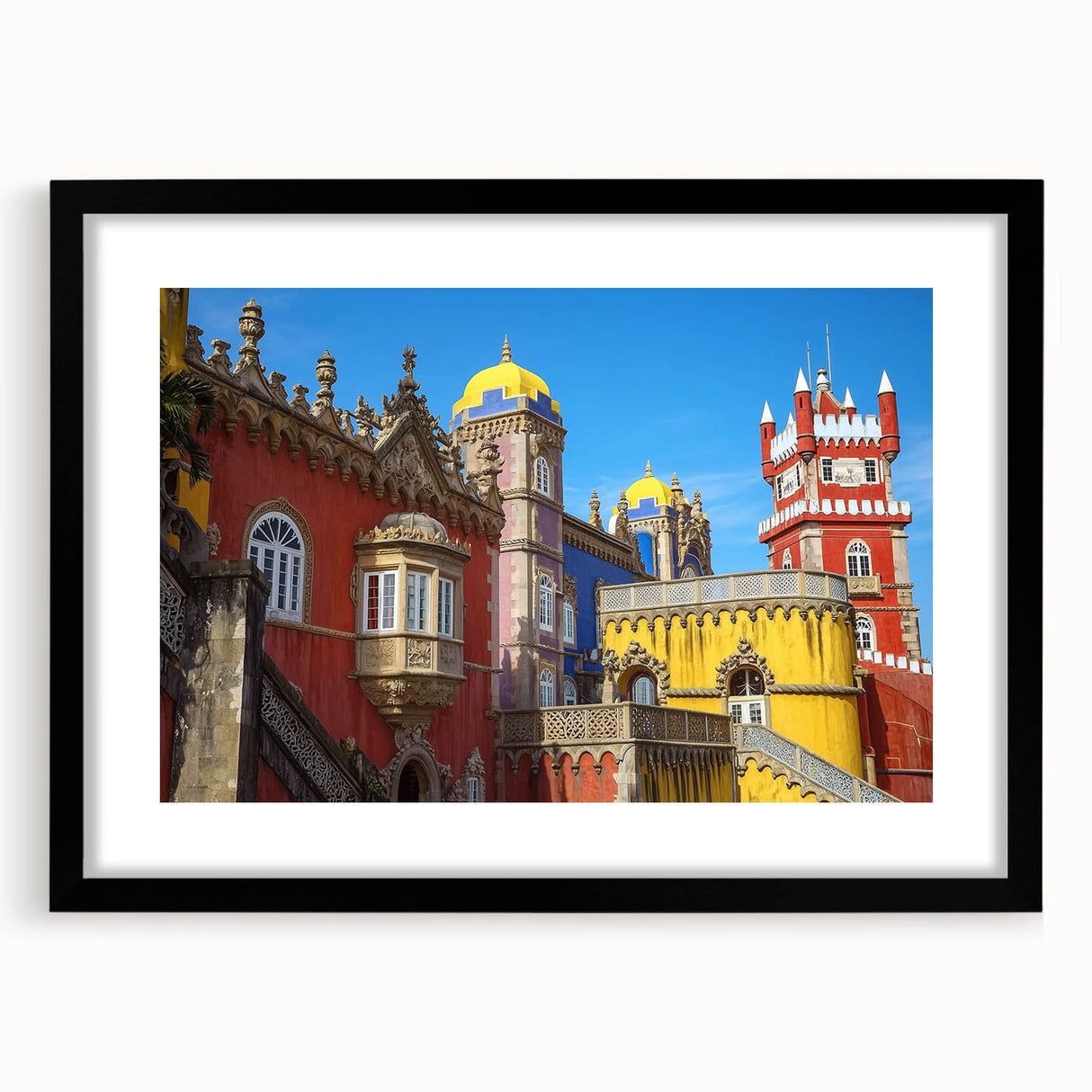 Black-framed landscape artwork featuring a picturesque castle scene, elegantly matted for display, perfect for home or office decor, enhancing aesthetic appeal.