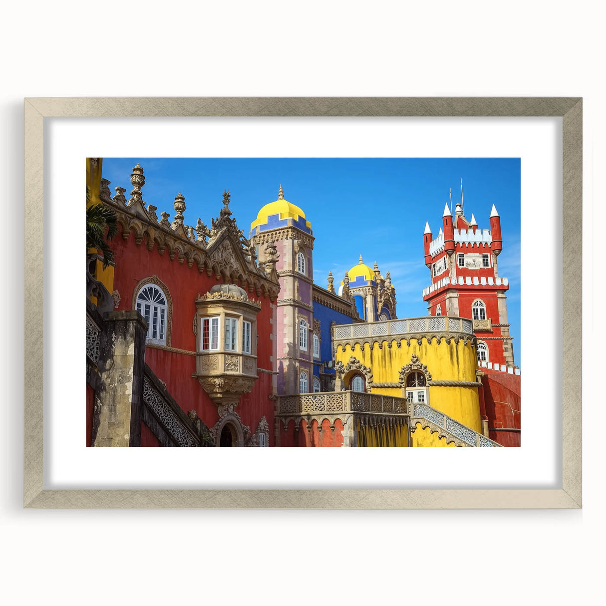 Elegant silver-framed landscape artwork featuring a majestic castle, beautifully matted for an enhanced presentation, ideal for sophisticated home decor.