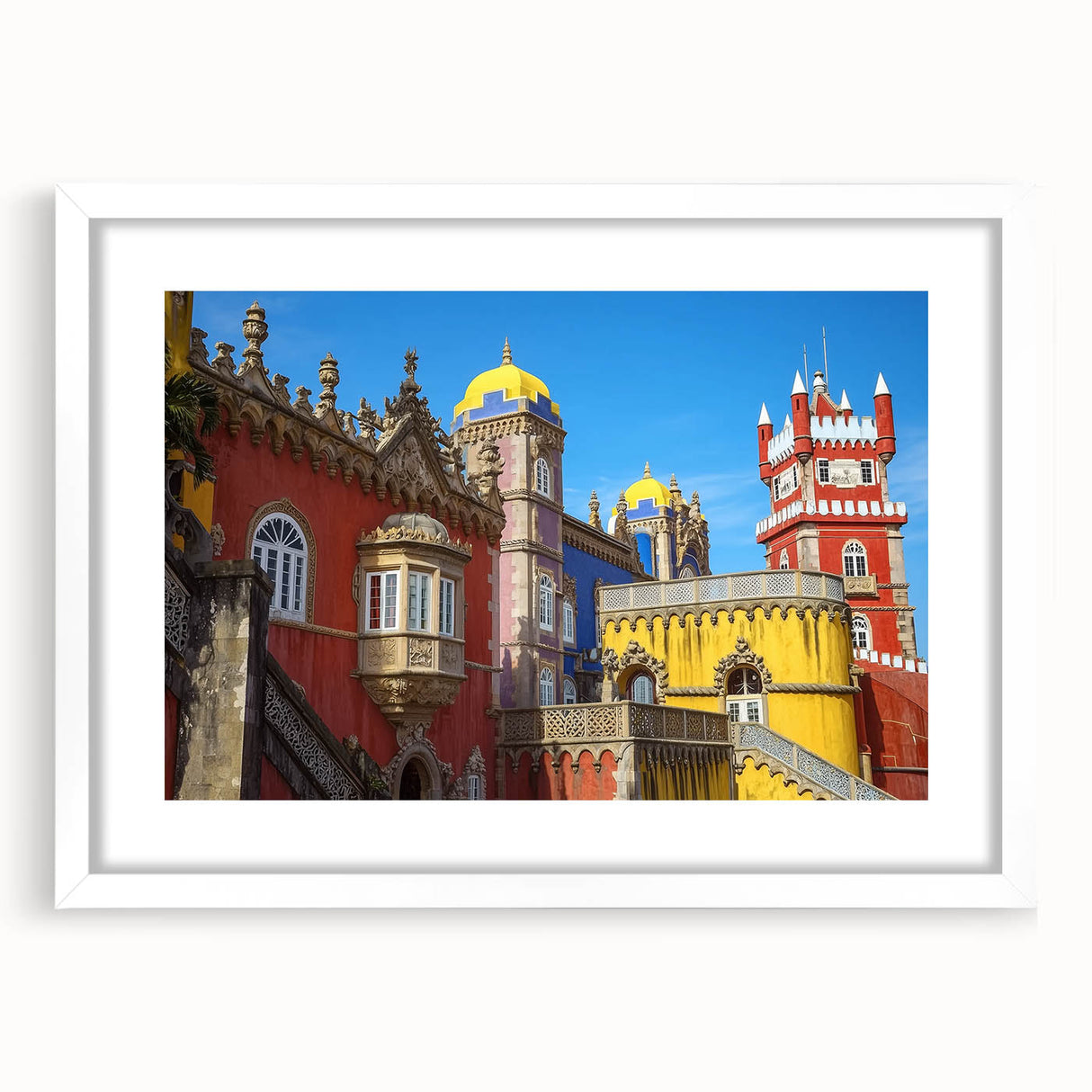 Elegant landscape artwork featuring a majestic castle framed in white with a mat, showcasing intricate detail and vibrant colors, perfect for home decor.