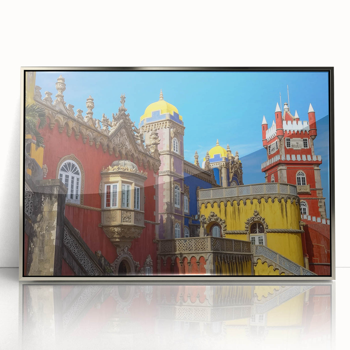 Framed acrylic artwork featuring a serene landscape with a majestic castle, elegantly designed in silver tones, perfect for enhancing home decor.