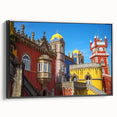 Framed canvas artwork depicting a serene landscape with a castle, featuring a black frame and side view to highlight its elegant design and texture. Ideal for home decor enthusiasts seeking a sophisticated touch.