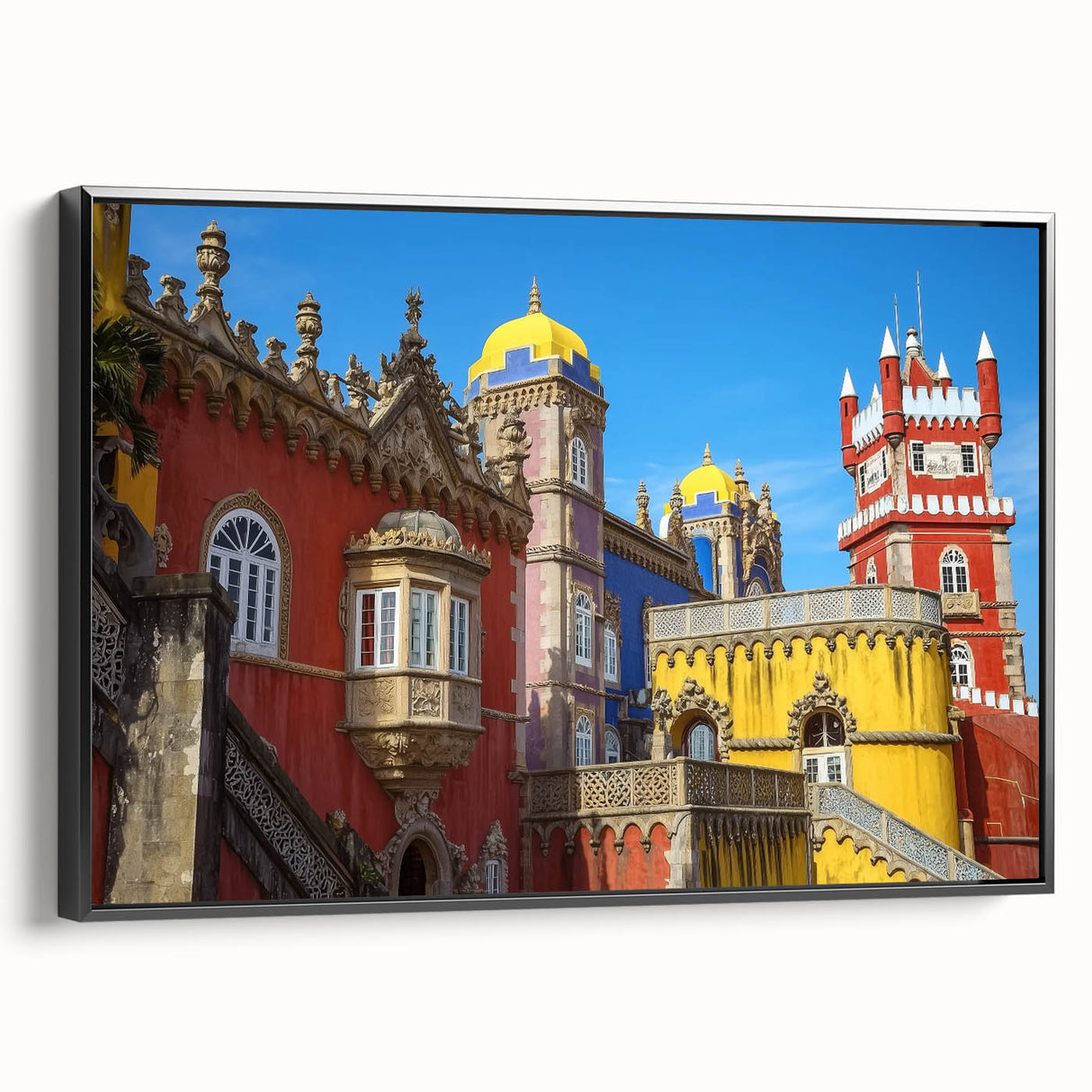 Framed canvas artwork depicting a serene landscape with a castle, featuring a black frame and side view to highlight its elegant design and texture. Ideal for home decor enthusiasts seeking a sophisticated touch.
