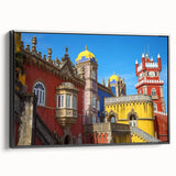Framed canvas artwork depicting a serene landscape with a castle, featuring a black frame and side view to highlight its elegant design and texture. Ideal for home decor enthusiasts seeking a sophisticated touch.