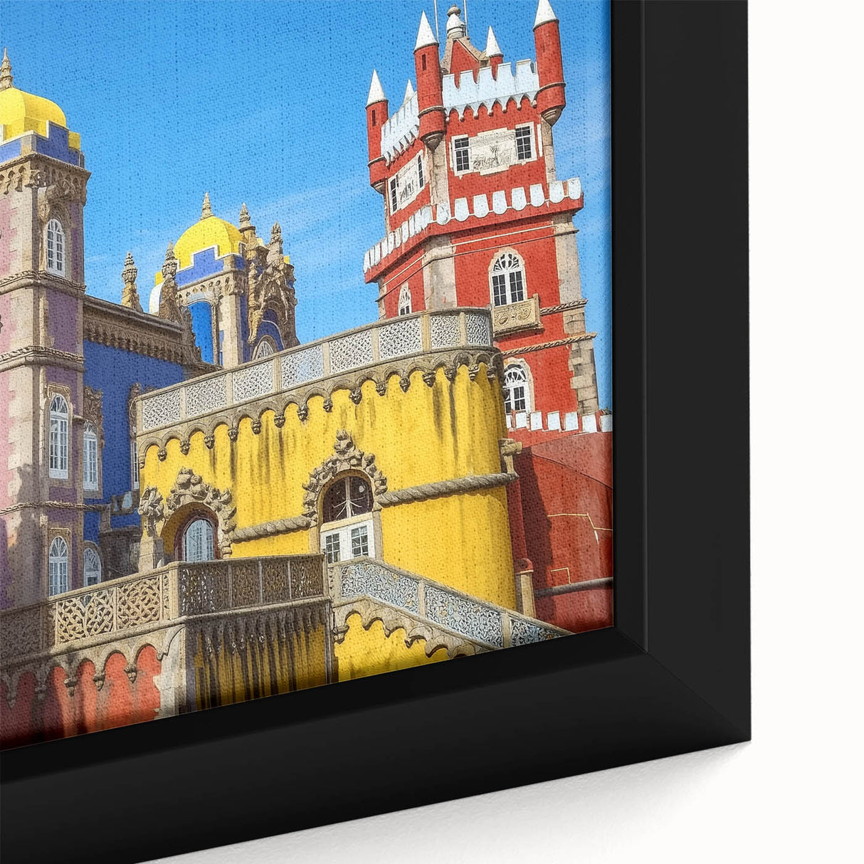 Close-up of a framed canvas depicting a serene landscape with a majestic castle, featuring vibrant colors and intricate details, perfect for home decor.