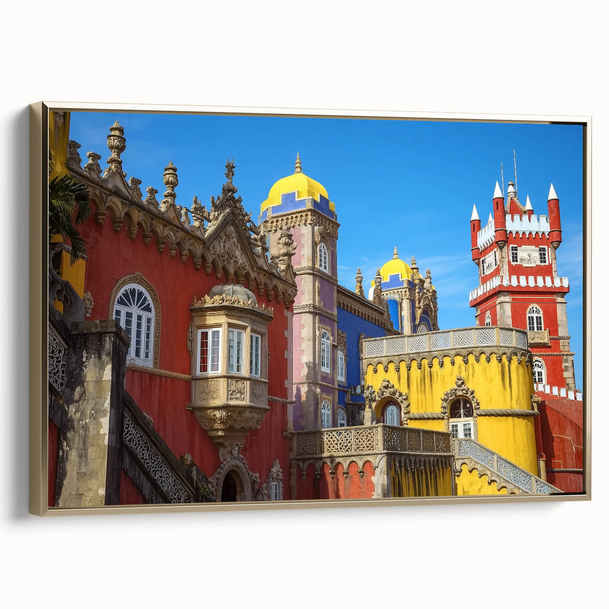 Framed canvas artwork depicting a picturesque landscape with a majestic castle, featuring a gold frame. Ideal for enhancing home decor with a touch of elegance.