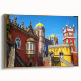 Framed canvas artwork depicting a picturesque landscape with a majestic castle, featuring a gold frame. Ideal for enhancing home decor with a touch of elegance.