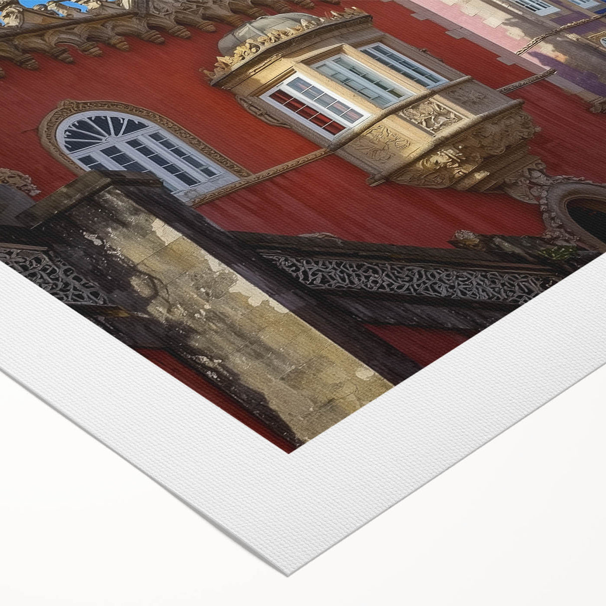 Rolled canvas artwork showcasing a picturesque landscape with a majestic castle set against a vibrant sky, perfect for interior decor and art enthusiasts.