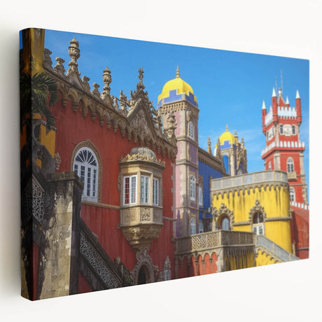 Stretched canvas artwork depicting a scenic landscape with a majestic castle, featuring vibrant colors and intricate details, ideal for home decor.