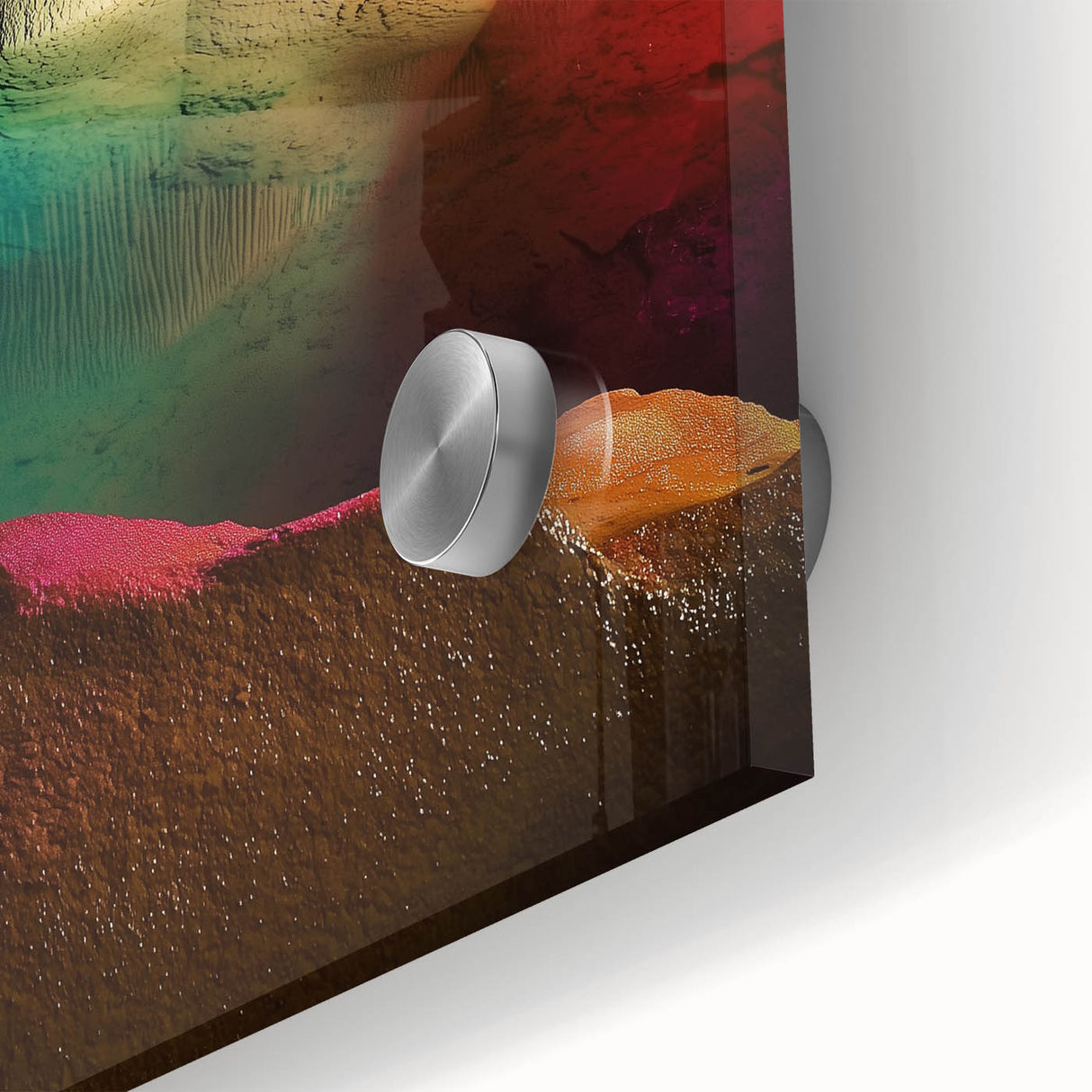 Close-up of an intricately designed acrylic glass artwork depicting colorful landscapes and caves, showcasing vibrant hues and detailed textures ideal for home decor.