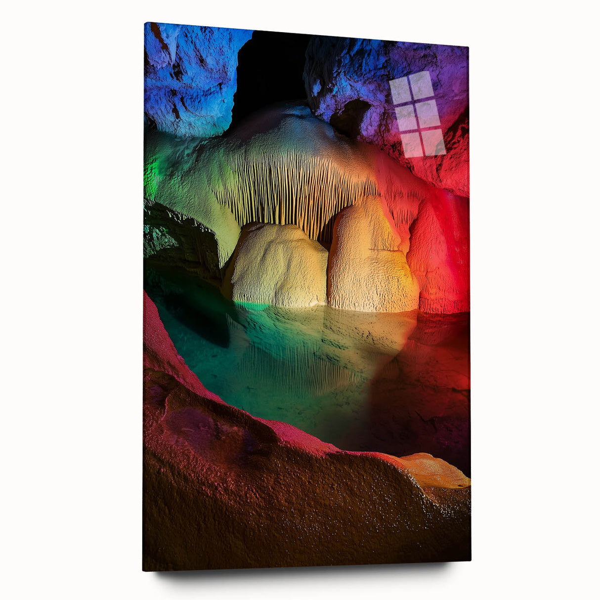Acrylic landscape artwork depicting a serene cave scene with vibrant colors, designed for side view display without pins, ideal for modern home decor.