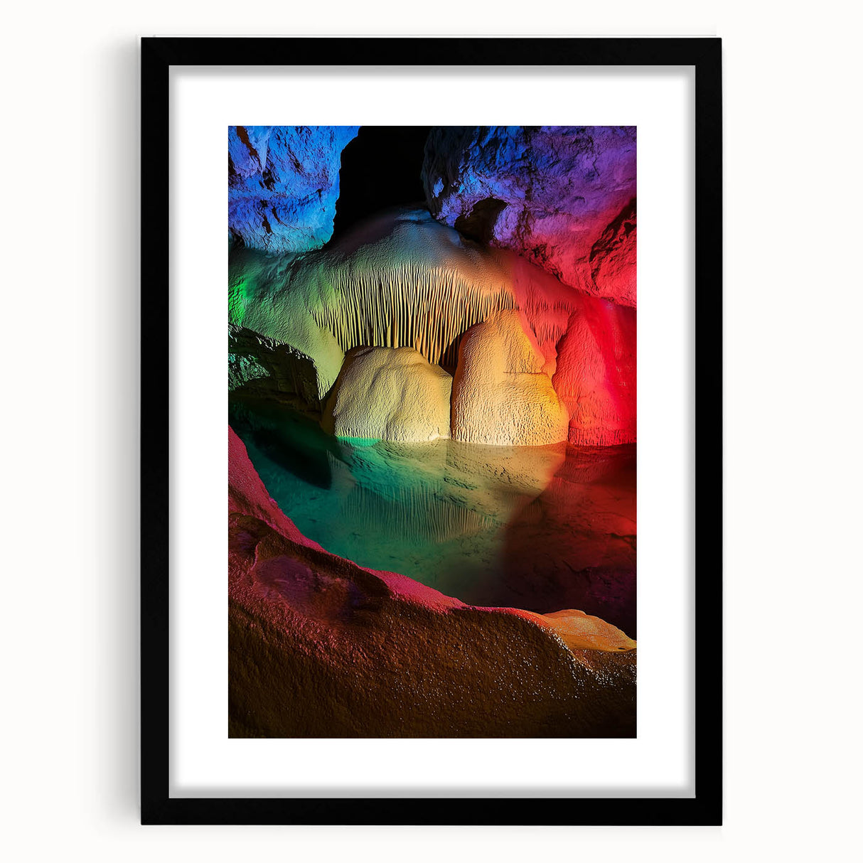 Framed landscape artwork featuring a serene cave scene with a black mat, perfect for modern decor. The piece is displayed from the front, highlighting its elegant design and intricate details, ideal for enhancing any living space or office environment.