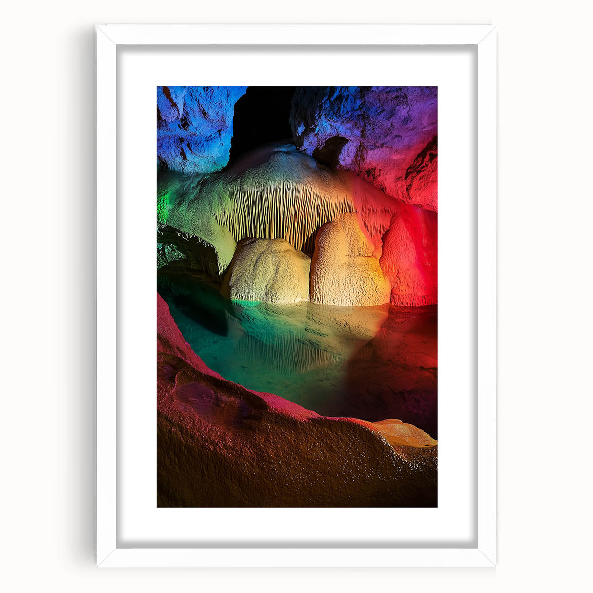 Framed landscape art print depicting a serene cave scene, featuring a white mat and sleek black frame, perfect for home decor and nature enthusiasts.
