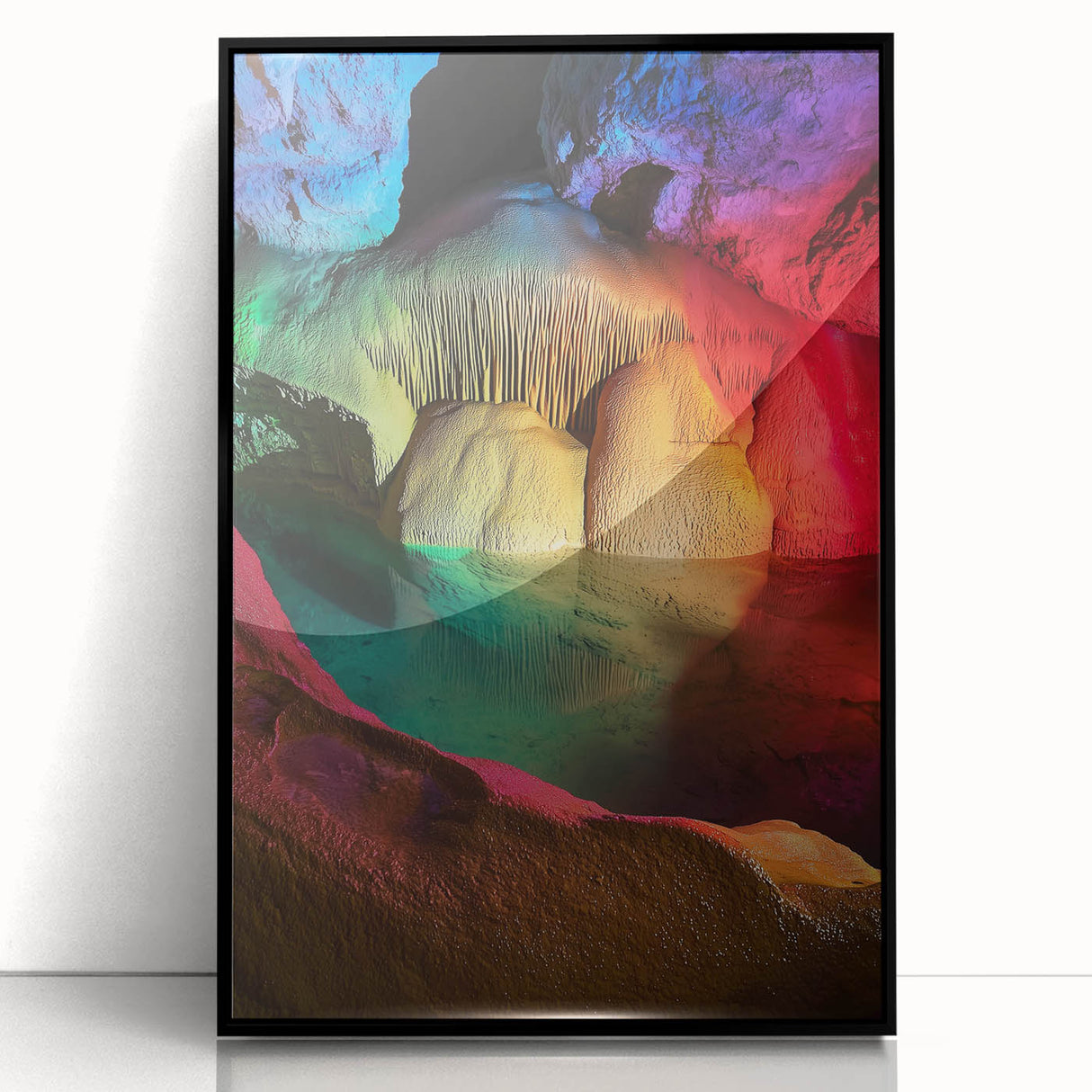 Framed acrylic artwork depicting a stunning landscape scene with intricate cave details, featuring a sleek black frame that enhances the visual appeal. Perfect for modern decor.
