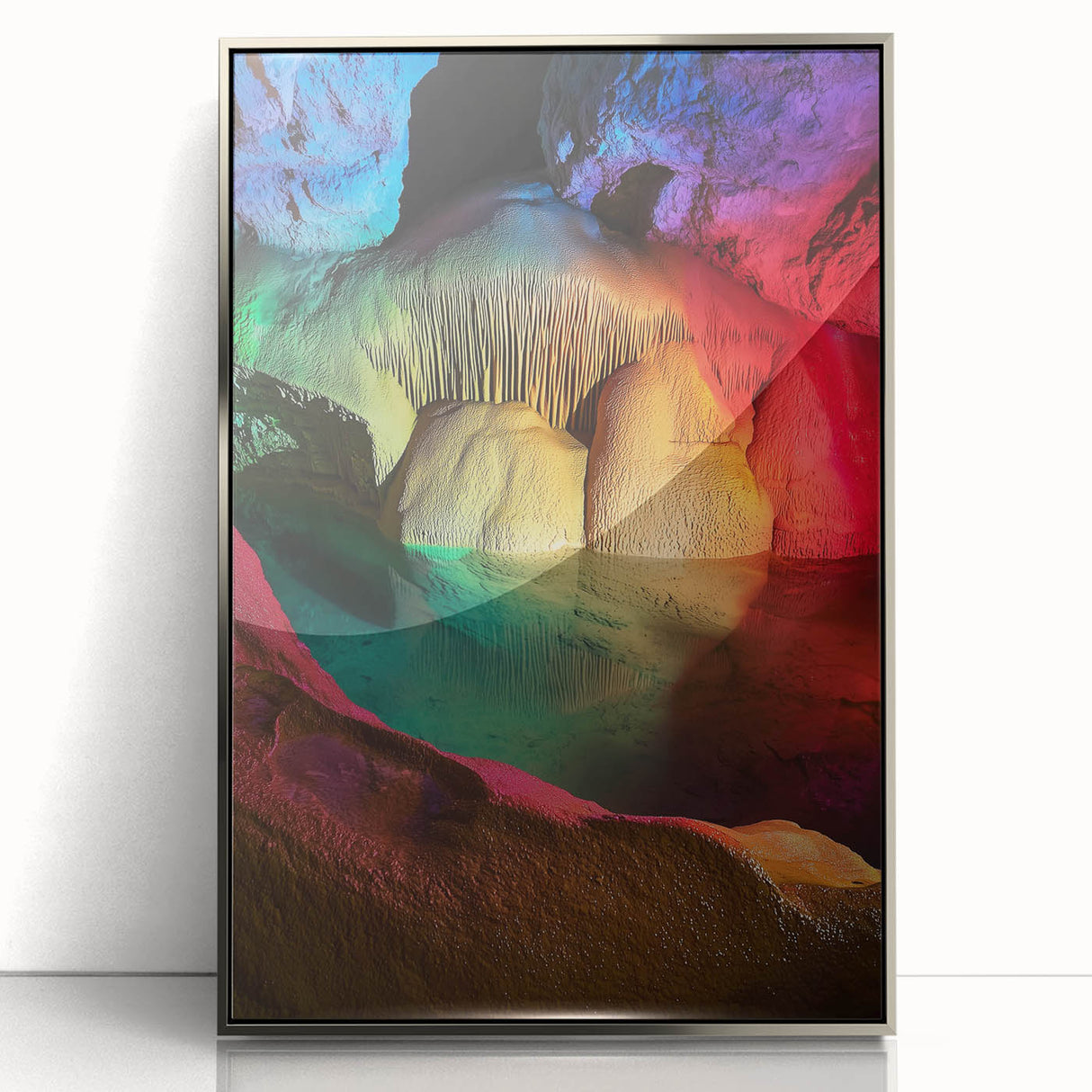 Framed acrylic artwork showcasing a stunning landscape of caves with a silver front view, perfect for home decor and accentuating modern interiors.