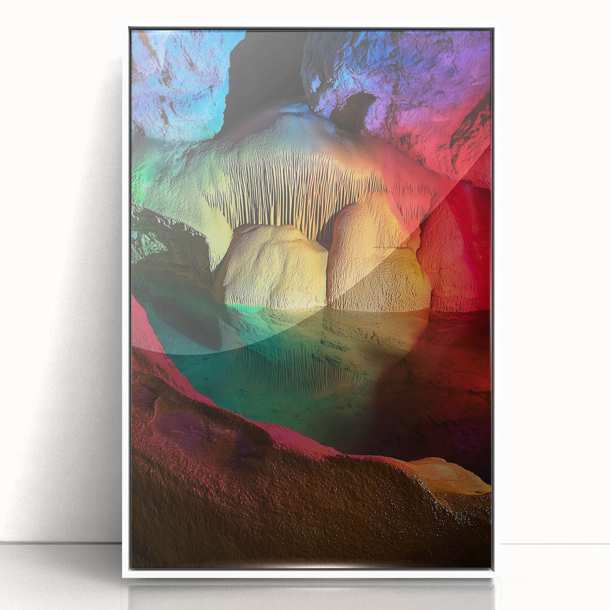 Framed acrylic artwork showcasing a stunning cave landscape design, featuring vibrant colors and intricate details, set against a sleek white frame for a modern touch. Perfect for enhancing home decor with natural beauty.