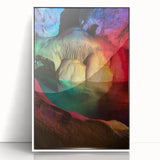 Framed acrylic artwork showcasing a stunning cave landscape design, featuring vibrant colors and intricate details, set against a sleek white frame for a modern touch. Perfect for enhancing home decor with natural beauty.