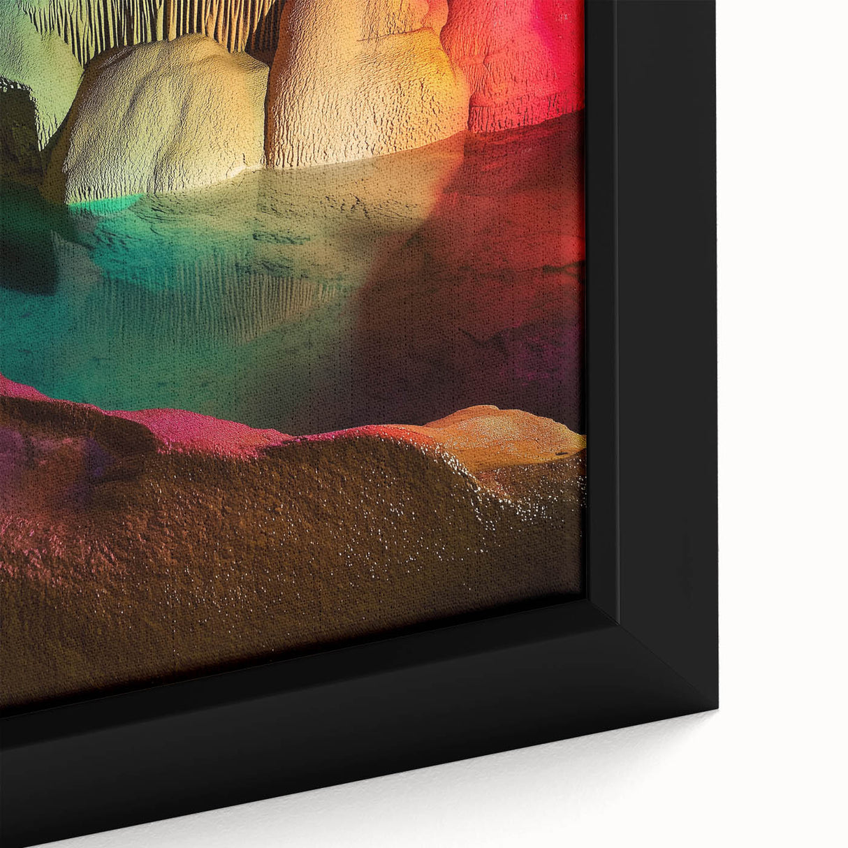 Close-up of a framed canvas depicting a vibrant landscape scene featuring intricate cave formations and rich earthy tones, ideal for adding artistic depth to home decor.