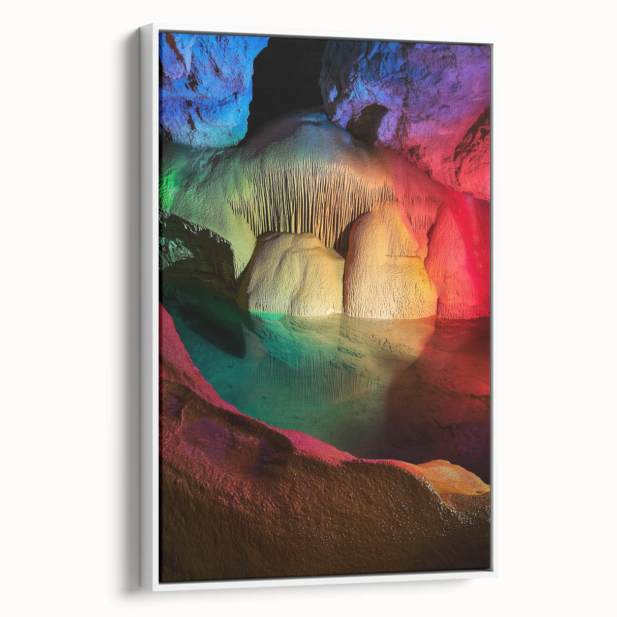 Framed canvas artwork depicting a serene landscape with caves, showcasing earthy tones and intricate details, perfect for enhancing modern home decor.