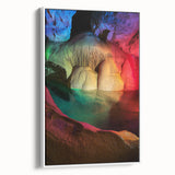 Framed canvas artwork depicting a serene landscape with caves, showcasing earthy tones and intricate details, perfect for enhancing modern home decor.