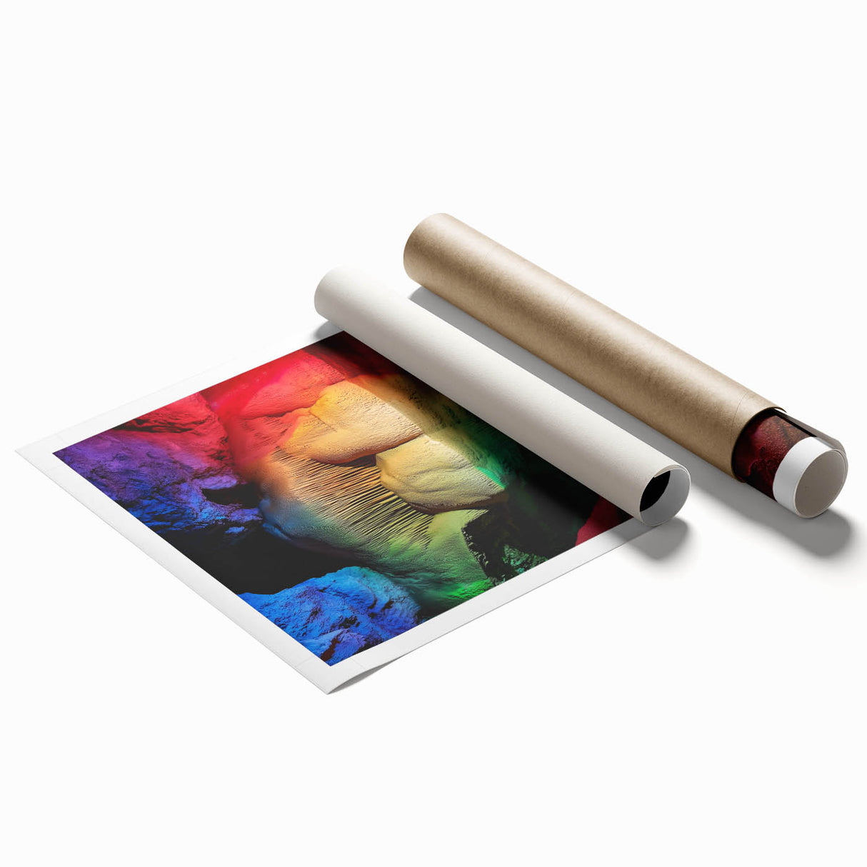 Stunning landscape cave print on rolled canvas, showcasing rich earthy tones and intricate textures, perfect for enhancing home decor, packaged securely in a protective tube.