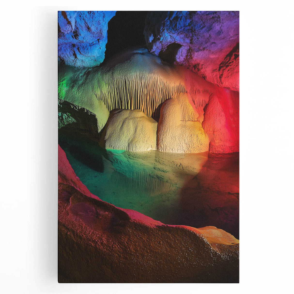 Stretched canvas artwork depicting a serene landscape with caves, showcasing earthy tones and intricate details, ideal for enhancing modern home decor.