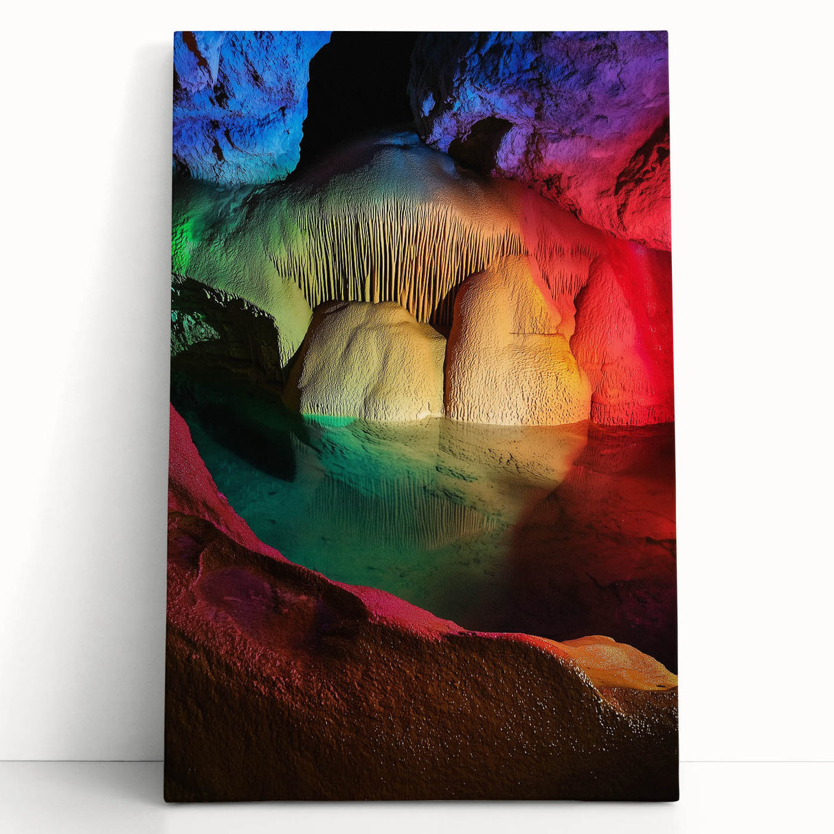 Vibrant stretched canvas artwork depicting a serene landscape with caves, featuring rich earth tones and intricate details, perfect for home decor enhancement.