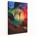 Stretched canvas artwork depicting a serene landscape scene inside a cave, showcasing intricate details and vibrant colors, perfect for home decor.