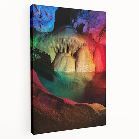 Stretched canvas artwork depicting a serene landscape scene inside a cave, showcasing intricate details and vibrant colors, perfect for home decor.