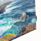 Close-up of an acrylic landscape artwork depicting dramatic cliffs and vibrant colors, showcasing intricate details and textures, ideal for modern decor.