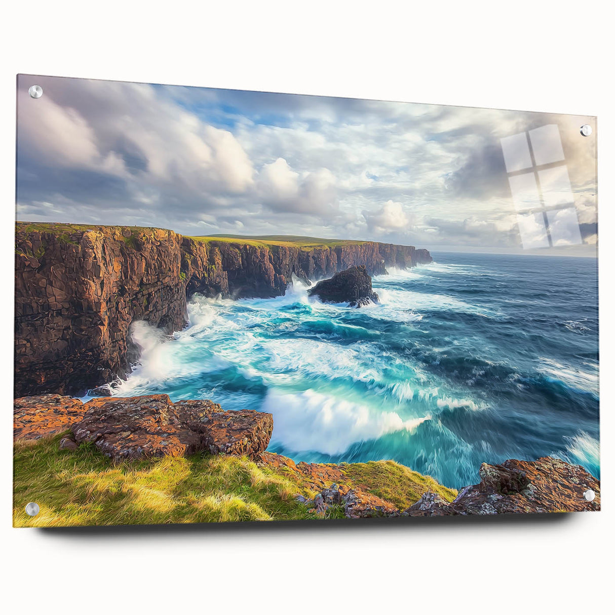 Acrylic artwork showcasing a stunning side view of towering cliffs, beautifully framed with pins, perfect for enhancing any modern interior decor. The vibrant colors highlight the natural beauty of the landscape, making it an ideal focal point for art enthusiasts.