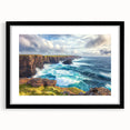Black-framed landscape artwork showcasing dramatic cliffs and serene ocean views, elegantly matted for a refined presentation, perfect for home decor.