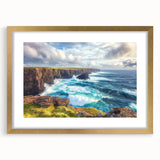 Framed landscape artwork featuring dramatic cliffs and vibrant colors, elegantly mounted with a gold mat, perfect for enhancing home decor.