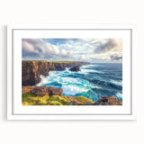 Framed landscape artwork showcasing dramatic cliffs in natural hues, featuring a white mat border, ideal for home decor and gallery displays. Perfect for enhancing interior aesthetics.