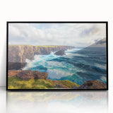 Framed acrylic artwork depicting a stunning cliff landscape, showcasing vibrant colors and intricate details, set in a sleek black frame for modern decor.