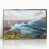 Framed acrylic artwork showcasing a stunning landscape of cliffs, featuring vibrant colors and intricate details, ideal for modern home decor.