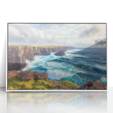 Framed acrylic artwork showcasing a stunning cliff landscape in vibrant colors, set in a sleek white frame, perfect for home decor and enhancing modern interiors.