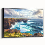 Framed canvas artwork depicting a serene landscape with dramatic cliffs, featuring a black frame that enhances the visual depth and detail of the scene.