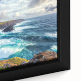 Close-up of a framed canvas artwork depicting dramatic cliffs against a vibrant sunset, showcasing intricate details and rich colors, ideal for landscape enthusiasts.