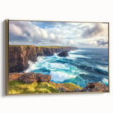 Framed canvas artwork depicting a stunning cliff landscape with vibrant colors and gold accents, showcasing a side view that highlights its elegant design and texture. Ideal for enhancing home decor, this piece captures the beauty of nature in a sophisticated manner.